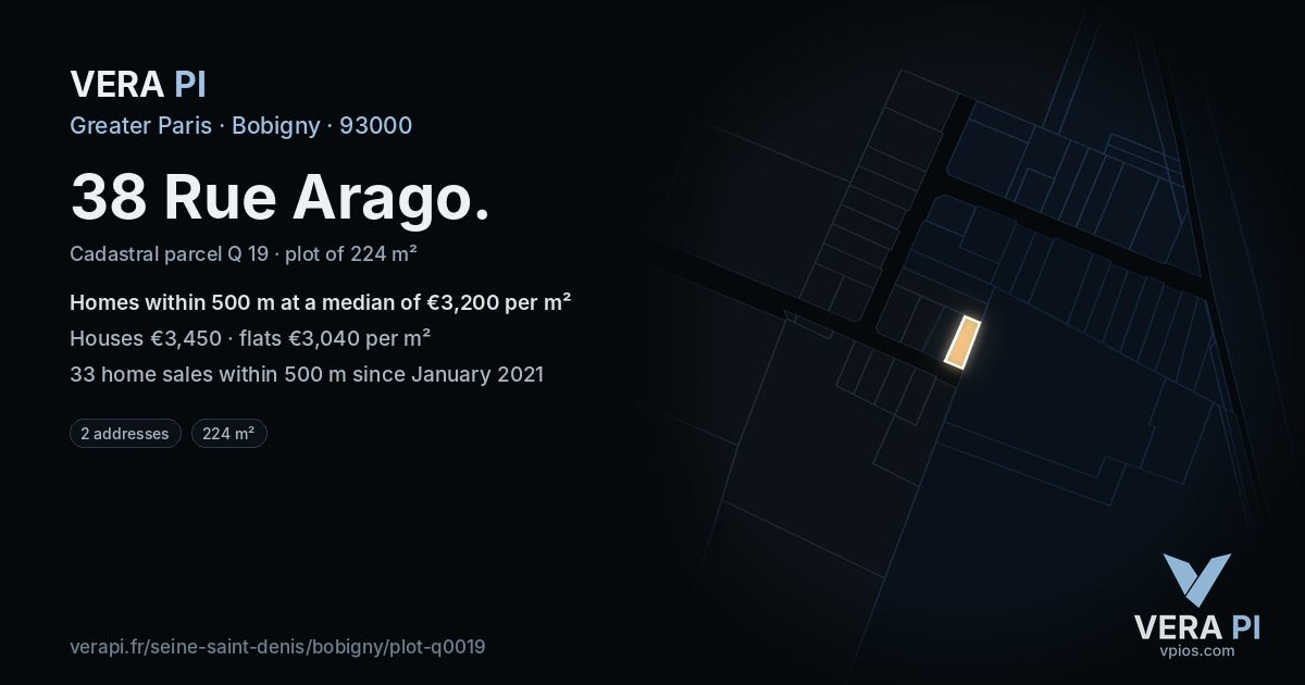 38 Rue Arago, Bobigny at night – the plot lit, the parcels around coloured by the prices near them
