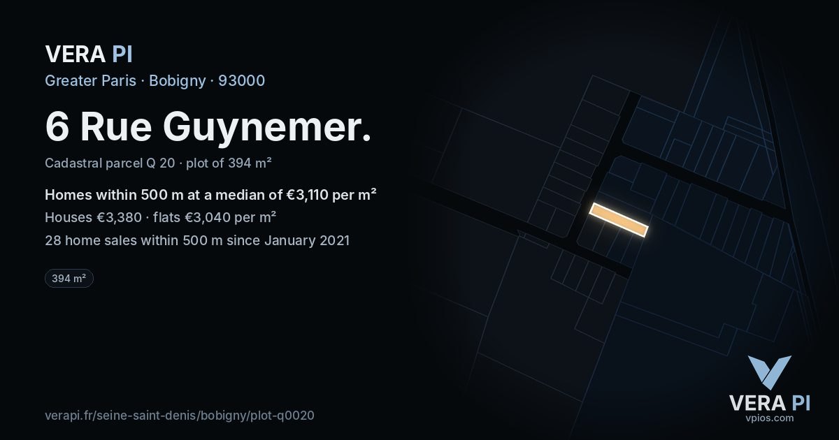 6 Rue Guynemer, Bobigny at night – the plot lit, the parcels around coloured by the prices near them