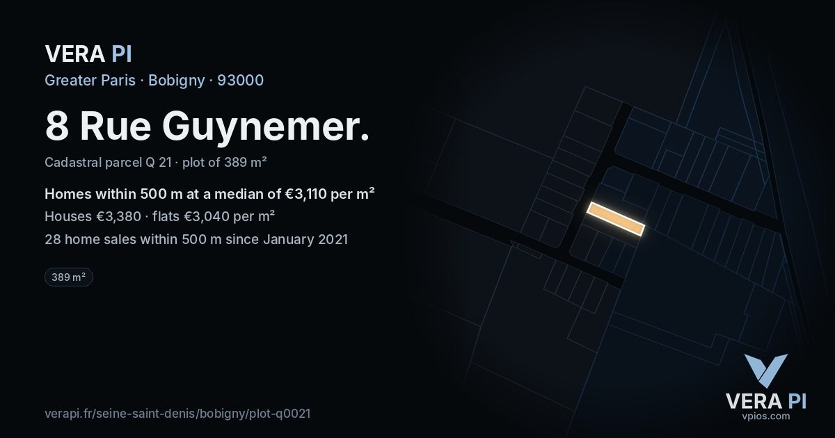 8 Rue Guynemer, Bobigny at night – the plot lit, the parcels around coloured by the prices near them