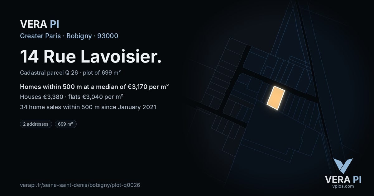 14 Rue Lavoisier, Bobigny at night – the plot lit, the parcels around coloured by the prices near them