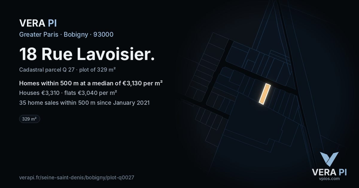 18 Rue Lavoisier, Bobigny at night – the plot lit, the parcels around coloured by the prices near them