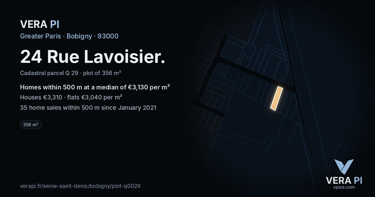 24 Rue Lavoisier, Bobigny at night – the plot lit, the parcels around coloured by the prices near them