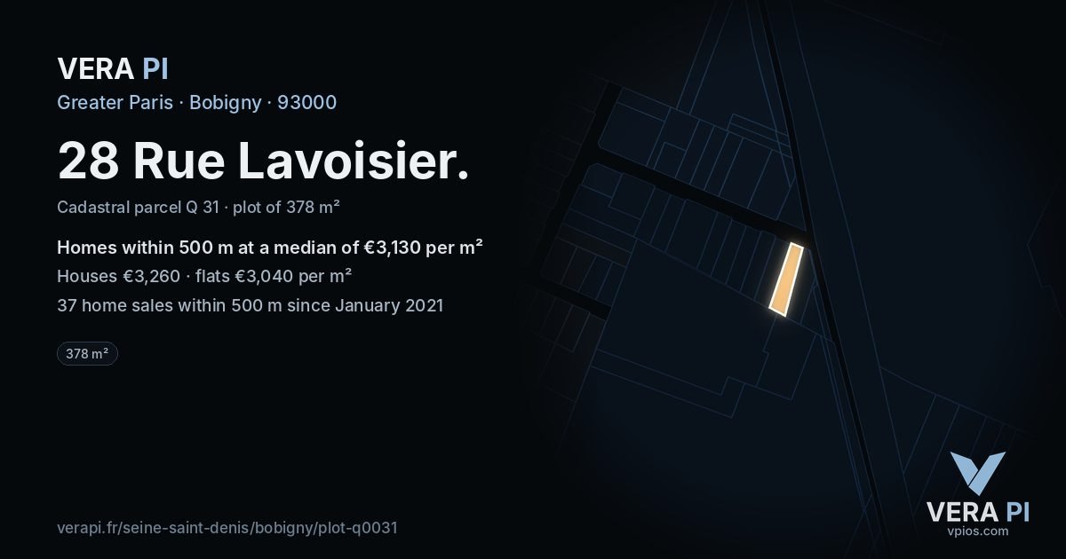 28 Rue Lavoisier, Bobigny at night – the plot lit, the parcels around coloured by the prices near them