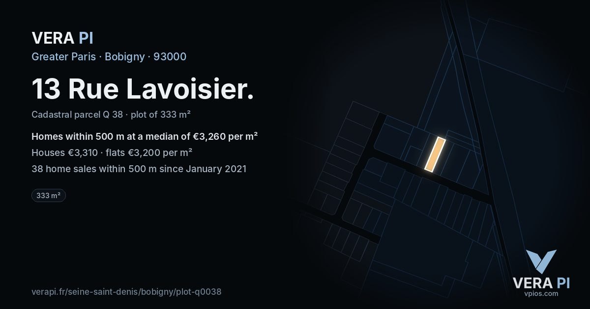 13 Rue Lavoisier, Bobigny at night – the plot lit, the parcels around coloured by the prices near them