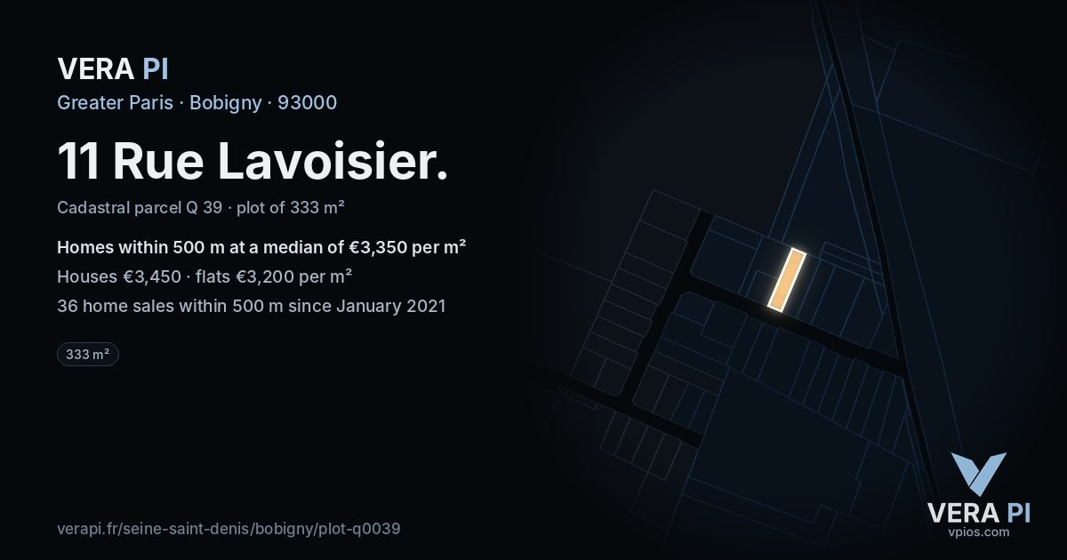11 Rue Lavoisier, Bobigny at night – the plot lit, the parcels around coloured by the prices near them
