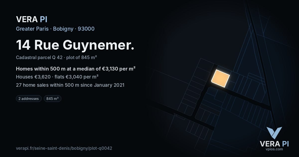 14 Rue Guynemer, Bobigny at night – the plot lit, the parcels around coloured by the prices near them