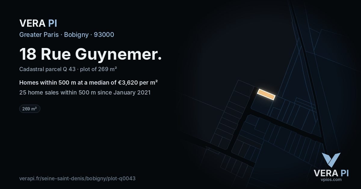 18 Rue Guynemer, Bobigny at night – the plot lit, the parcels around coloured by the prices near them