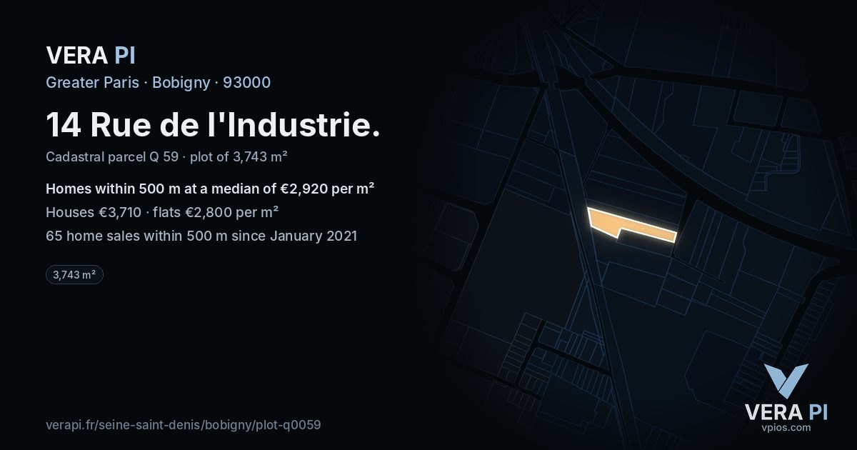 14 Rue de l'Industrie, Bobigny at night – the plot lit, the parcels around coloured by the prices near them