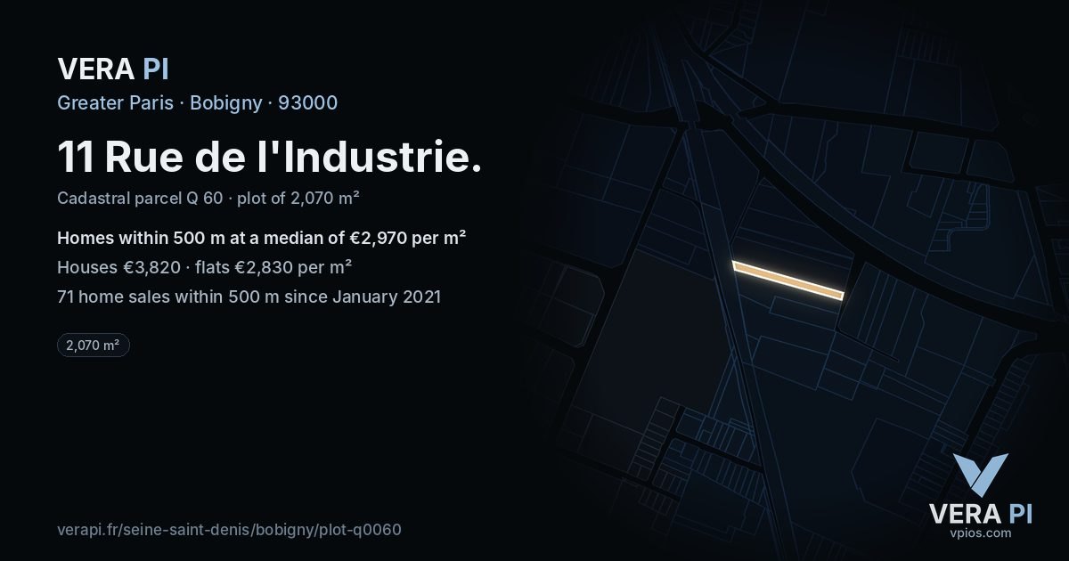 11 Rue de l'Industrie, Bobigny at night – the plot lit, the parcels around coloured by the prices near them
