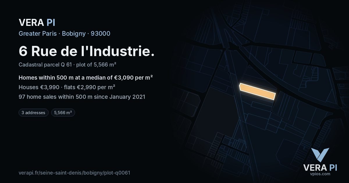 6 Rue de l'Industrie, Bobigny at night – the plot lit, the parcels around coloured by the prices near them