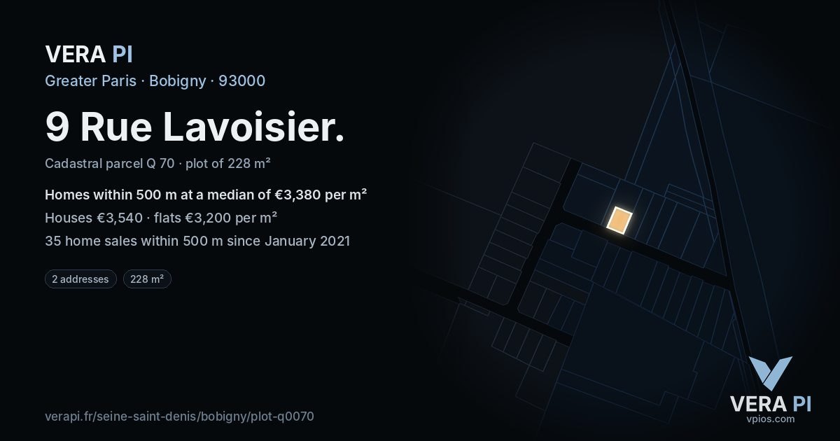9 Rue Lavoisier, Bobigny at night – the plot lit, the parcels around coloured by the prices near them
