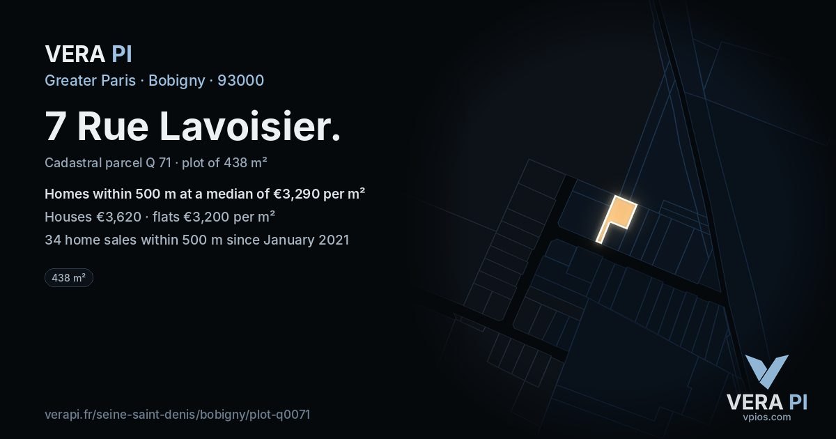 7 Rue Lavoisier, Bobigny at night – the plot lit, the parcels around coloured by the prices near them