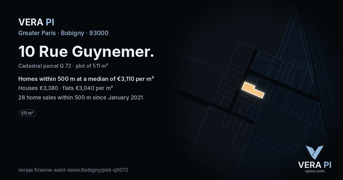 10 Rue Guynemer, Bobigny at night – the plot lit, the parcels around coloured by the prices near them