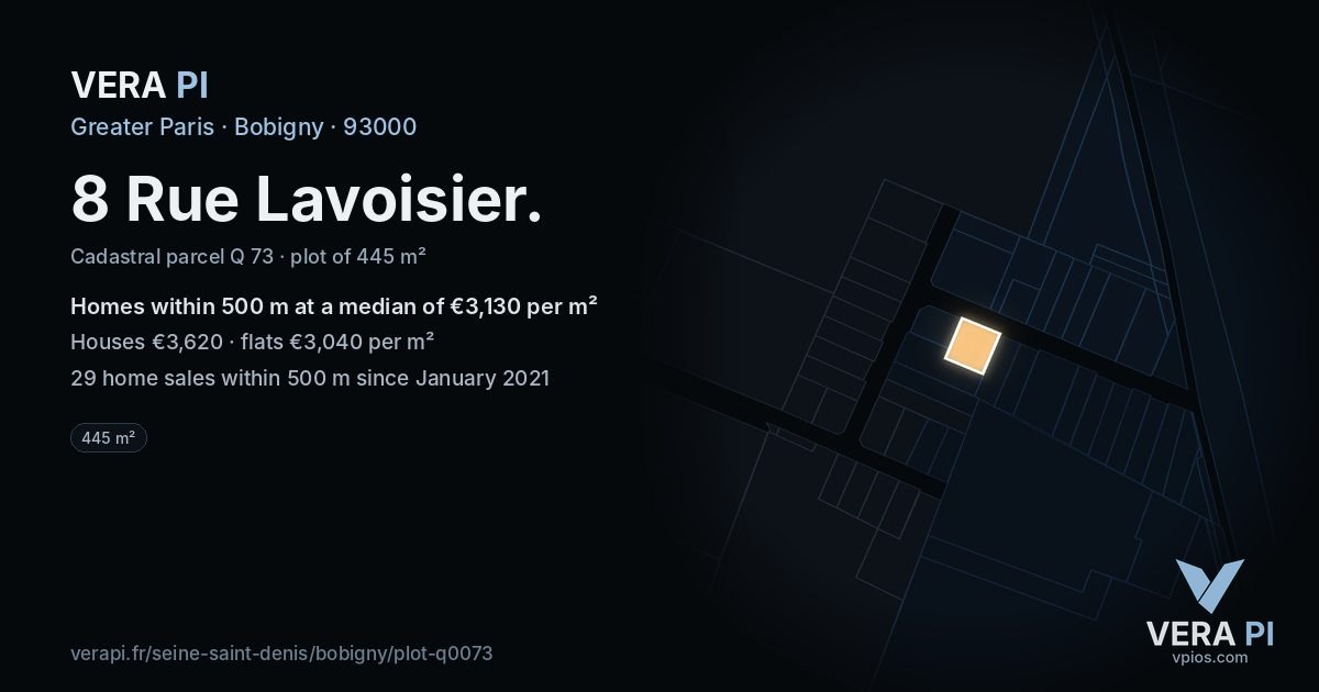 8 Rue Lavoisier, Bobigny at night – the plot lit, the parcels around coloured by the prices near them