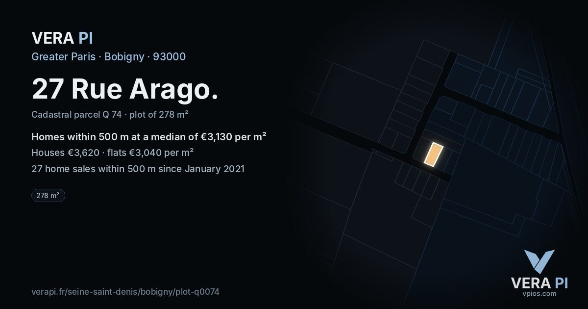 27 Rue Arago, Bobigny at night – the plot lit, the parcels around coloured by the prices near them