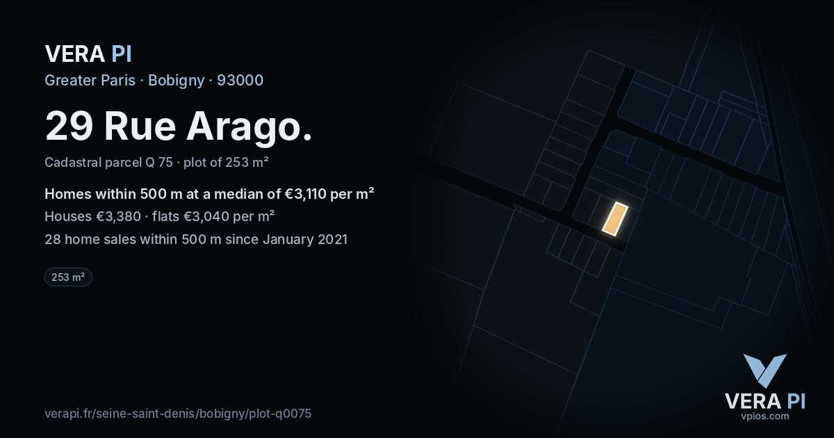 29 Rue Arago, Bobigny at night – the plot lit, the parcels around coloured by the prices near them