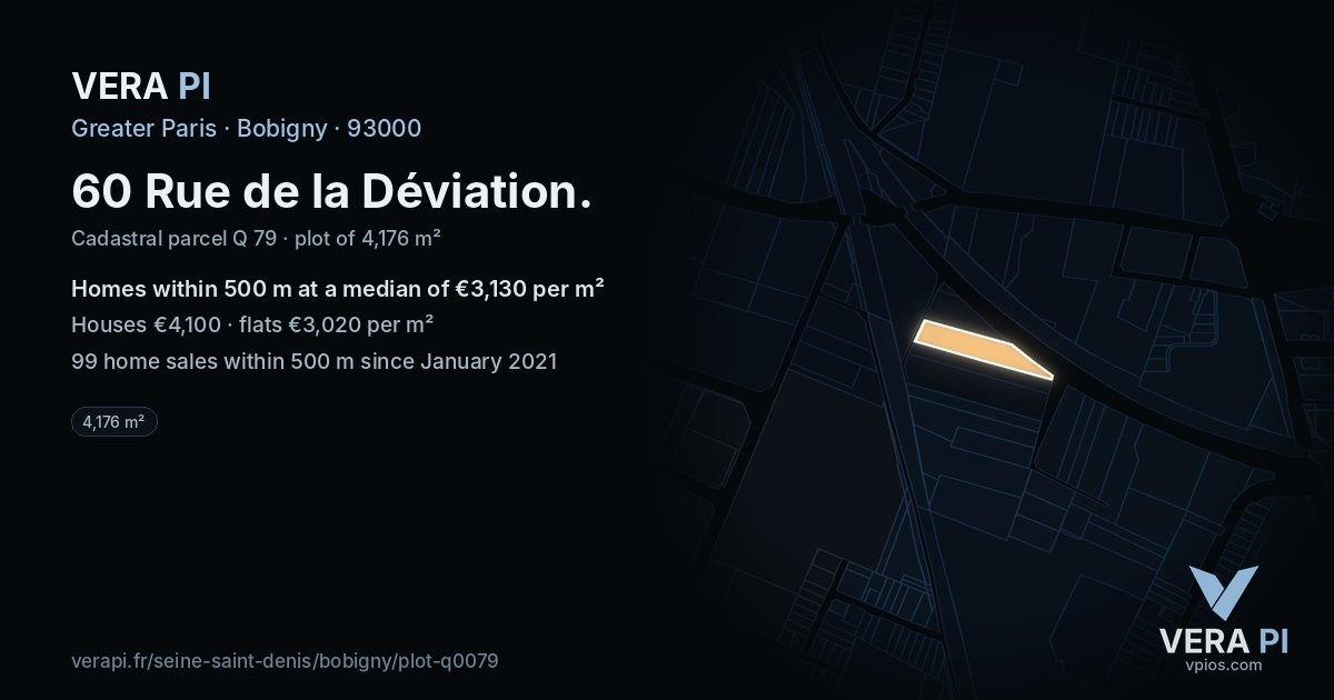 60 Rue de la Déviation, Bobigny at night – the plot lit, the parcels around coloured by the prices near them