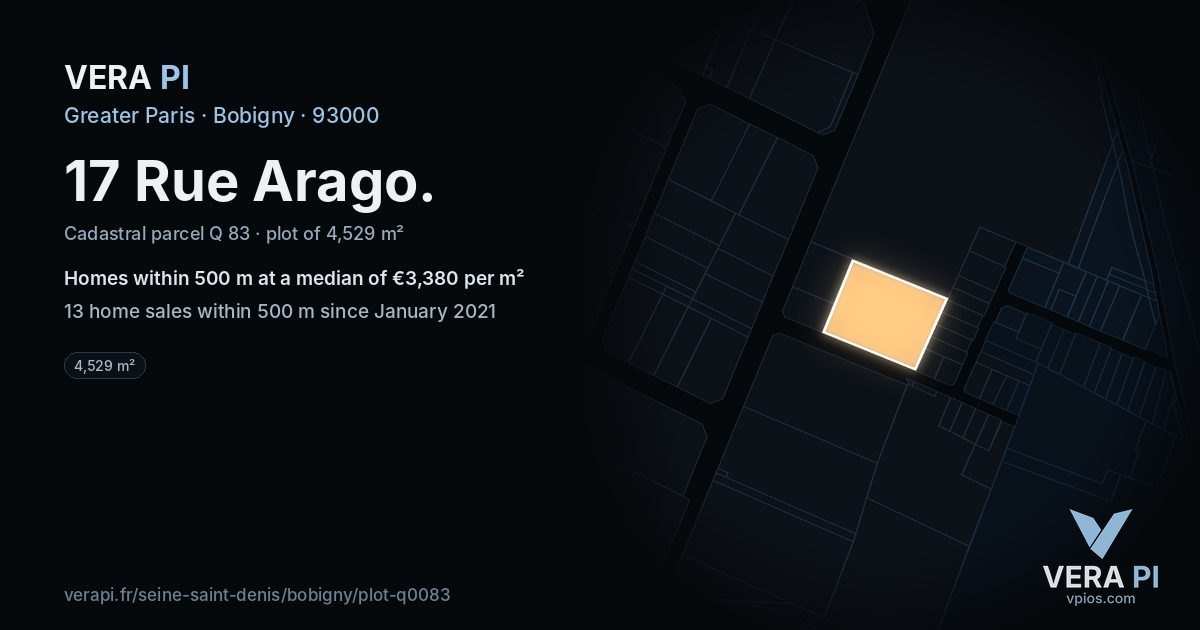 17 Rue Arago, Bobigny at night – the plot lit, the parcels around coloured by the prices near them