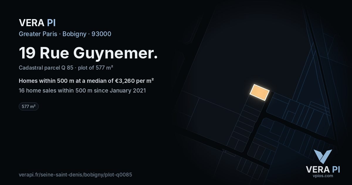 19 Rue Guynemer, Bobigny at night – the plot lit, the parcels around coloured by the prices near them