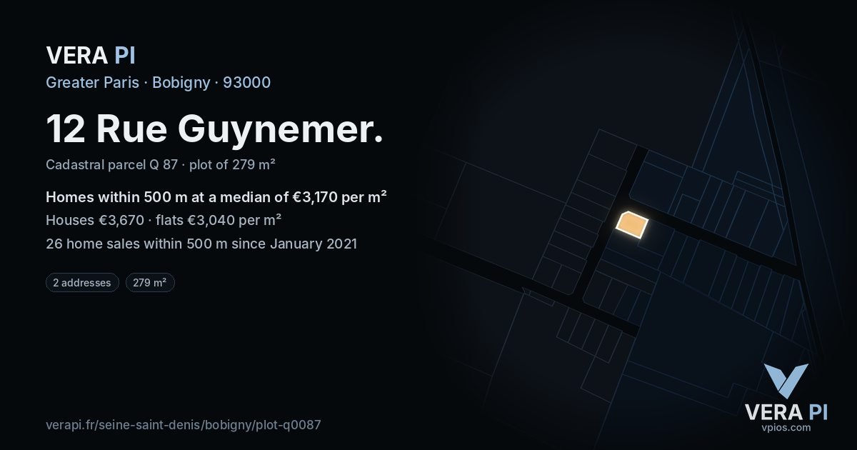 12 Rue Guynemer, Bobigny at night – the plot lit, the parcels around coloured by the prices near them