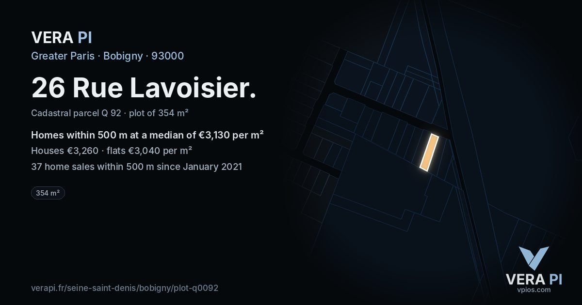 26 Rue Lavoisier, Bobigny at night – the plot lit, the parcels around coloured by the prices near them