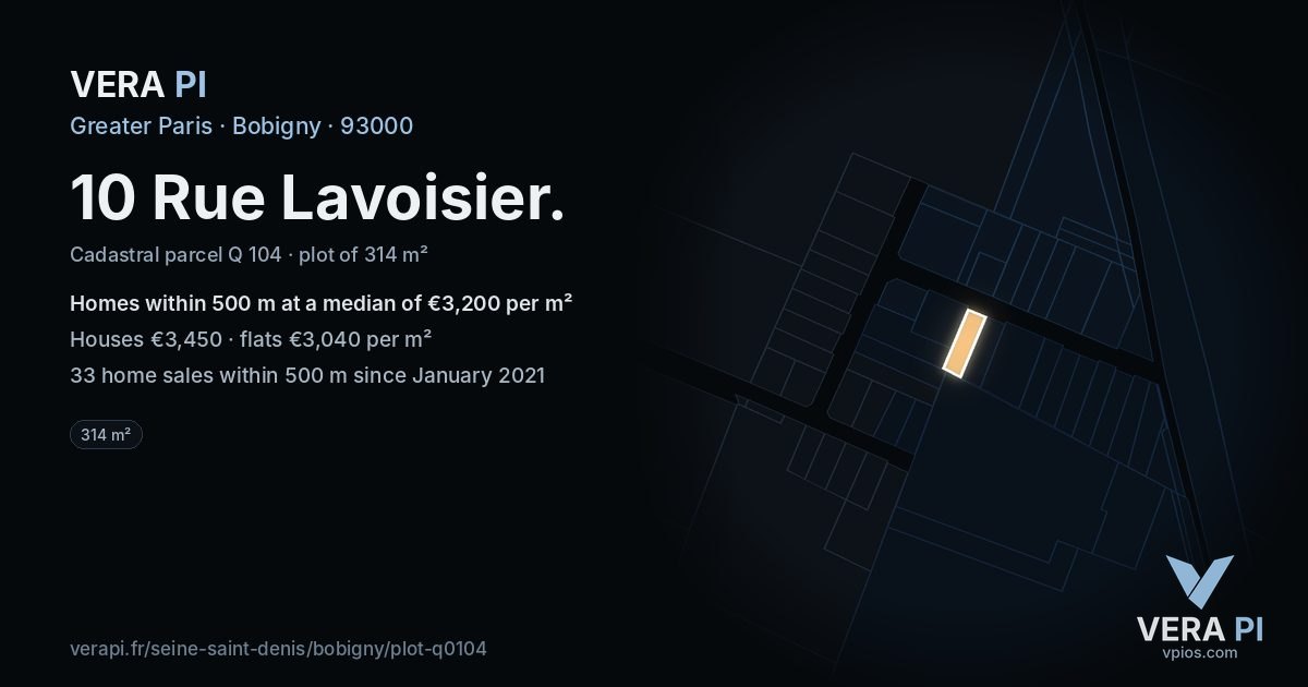 10 Rue Lavoisier, Bobigny at night – the plot lit, the parcels around coloured by the prices near them