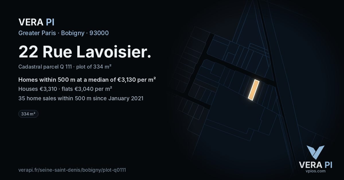 22 Rue Lavoisier, Bobigny at night – the plot lit, the parcels around coloured by the prices near them