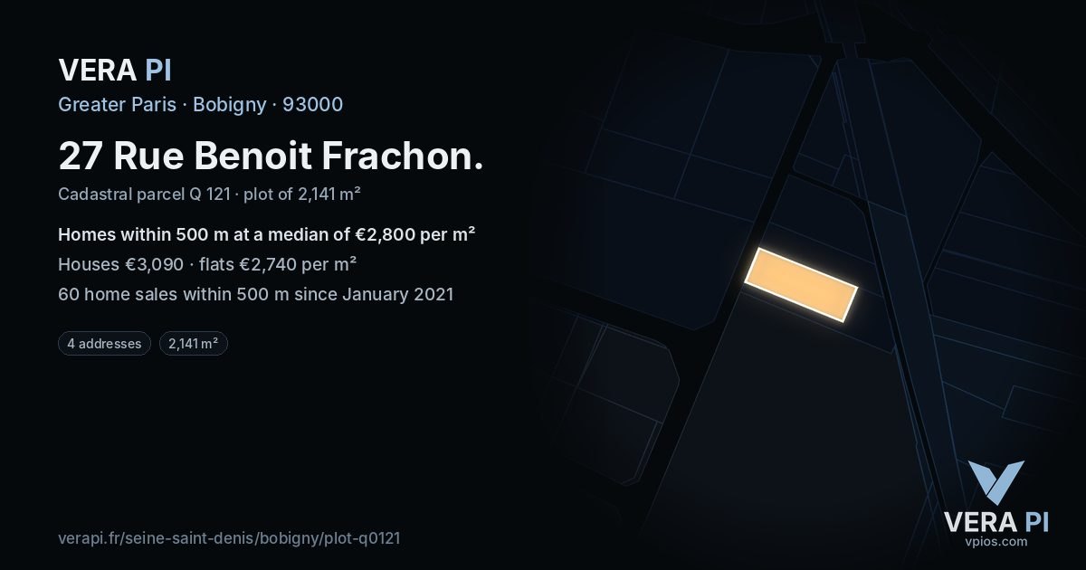 27 Rue Benoit Frachon, Bobigny at night – the plot lit, the parcels around coloured by the prices near them