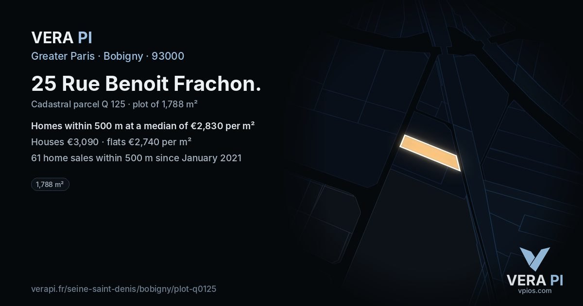 25 Rue Benoit Frachon, Bobigny at night – the plot lit, the parcels around coloured by the prices near them
