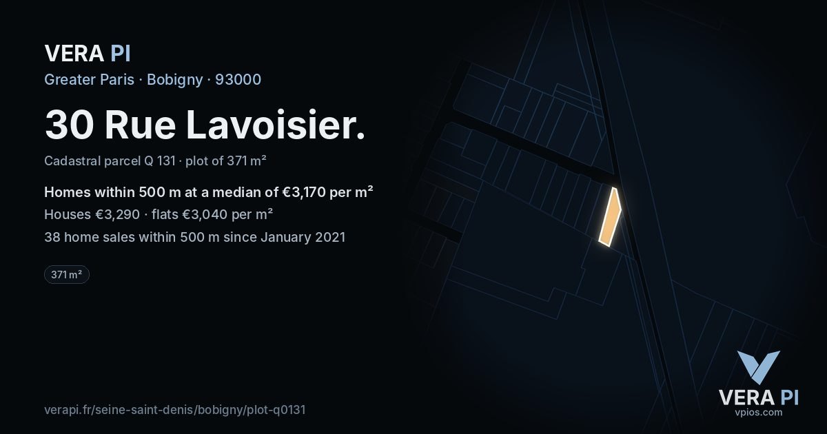 30 Rue Lavoisier, Bobigny at night – the plot lit, the parcels around coloured by the prices near them
