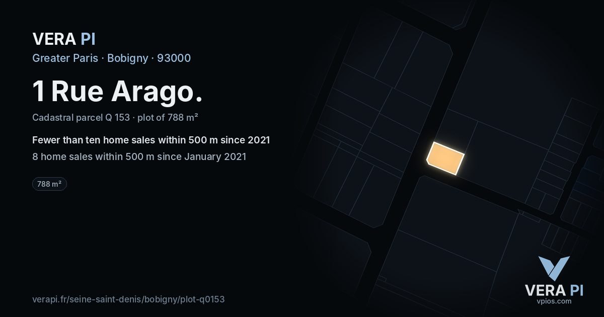 1 Rue Arago, Bobigny at night – the plot lit, the parcels around coloured by the prices near them