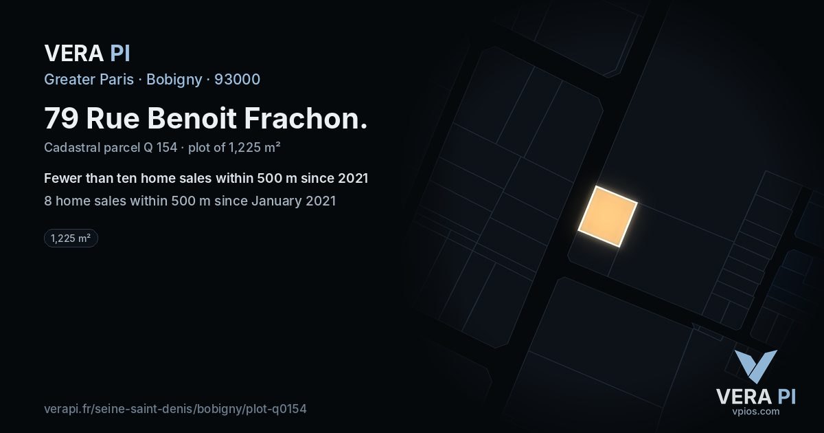 79 Rue Benoit Frachon, Bobigny at night – the plot lit, the parcels around coloured by the prices near them