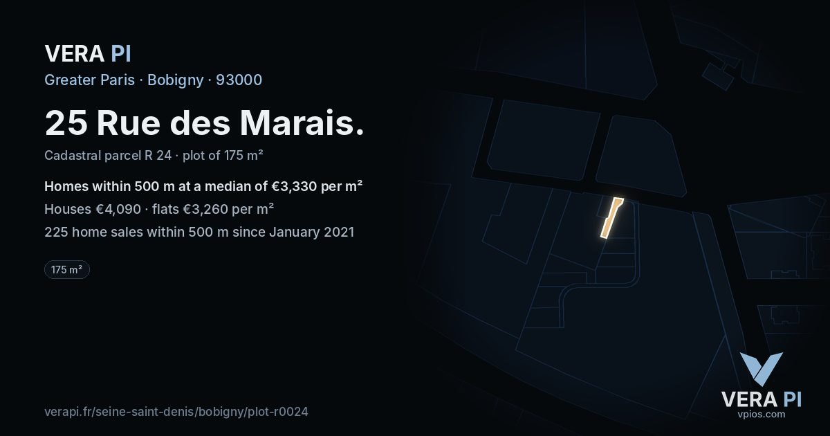 25 Rue des Marais, Bobigny at night – the plot lit, the parcels around coloured by the prices near them