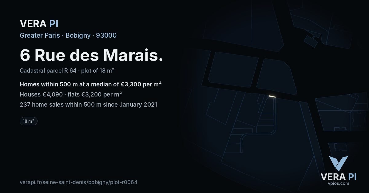 6 Rue des Marais, Bobigny at night – the plot lit, the parcels around coloured by the prices near them