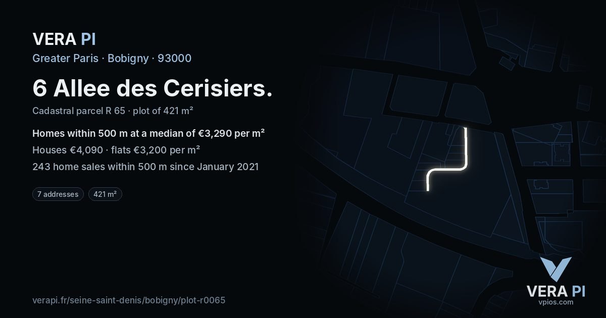 6 Allee des Cerisiers, Bobigny at night – the plot lit, the parcels around coloured by the prices near them