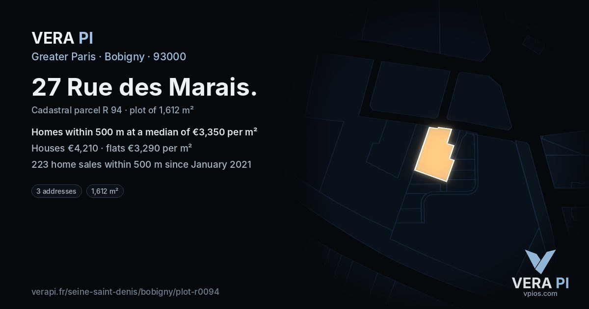 27 Rue des Marais, Bobigny at night – the plot lit, the parcels around coloured by the prices near them