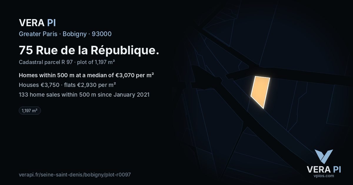 75 Rue de la République, Bobigny at night – the plot lit, the parcels around coloured by the prices near them
