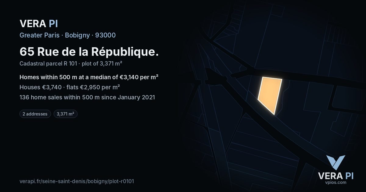65 Rue de la République, Bobigny at night – the plot lit, the parcels around coloured by the prices near them