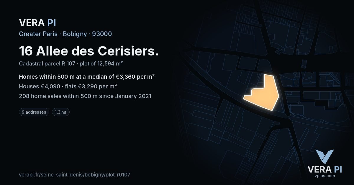 16 Allee des Cerisiers, Bobigny at night – the plot lit, the parcels around coloured by the prices near them