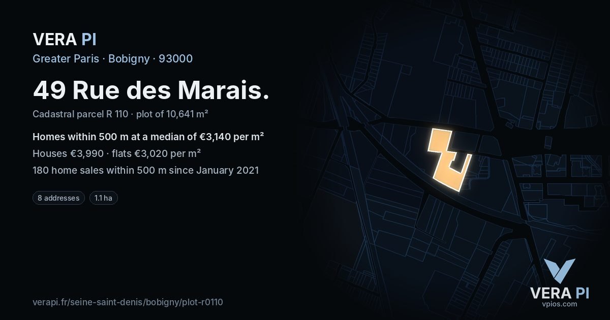49 Rue des Marais, Bobigny at night – the plot lit, the parcels around coloured by the prices near them