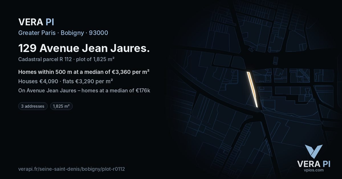 129 Avenue Jean Jaures, Bobigny at night – the plot lit, the parcels around coloured by the prices near them