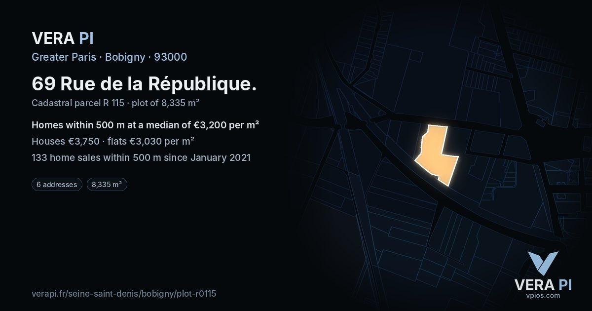 69 Rue de la République, Bobigny at night – the plot lit, the parcels around coloured by the prices near them