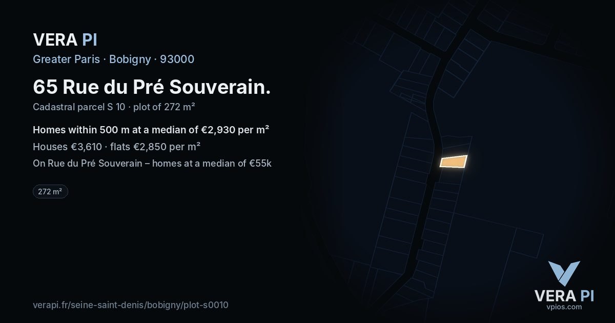 65 Rue du Pré Souverain, Bobigny at night – the plot lit, the parcels around coloured by the prices near them