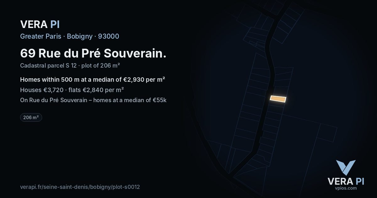 69 Rue du Pré Souverain, Bobigny at night – the plot lit, the parcels around coloured by the prices near them