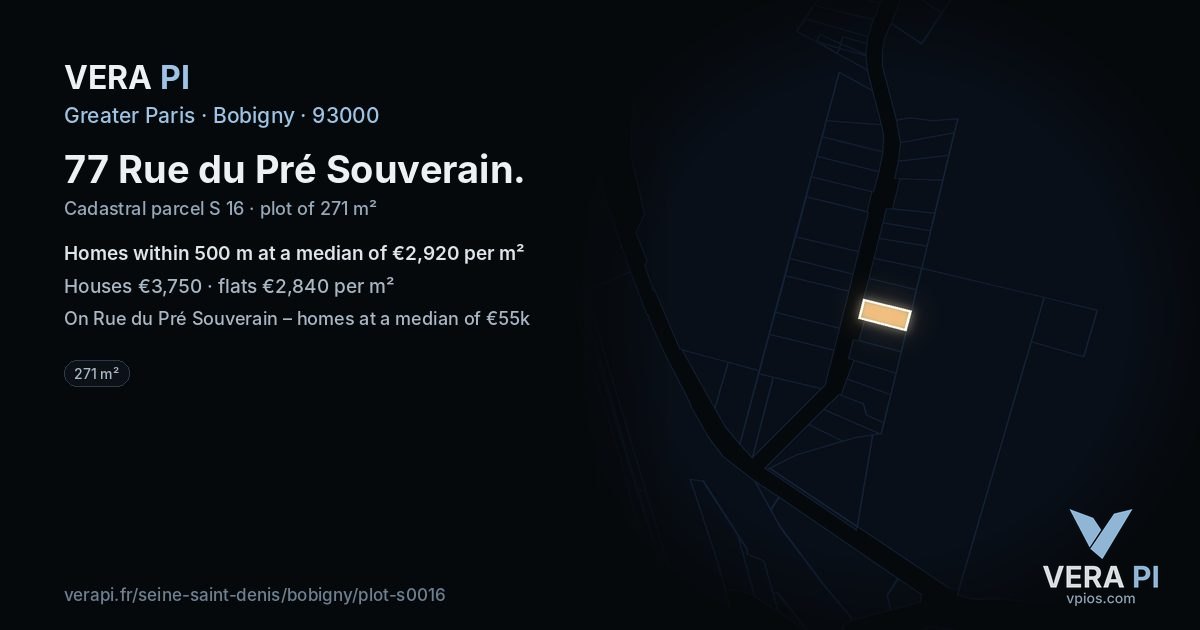77 Rue du Pré Souverain, Bobigny at night – the plot lit, the parcels around coloured by the prices near them