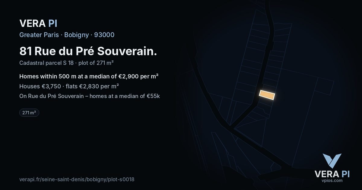 81 Rue du Pré Souverain, Bobigny at night – the plot lit, the parcels around coloured by the prices near them