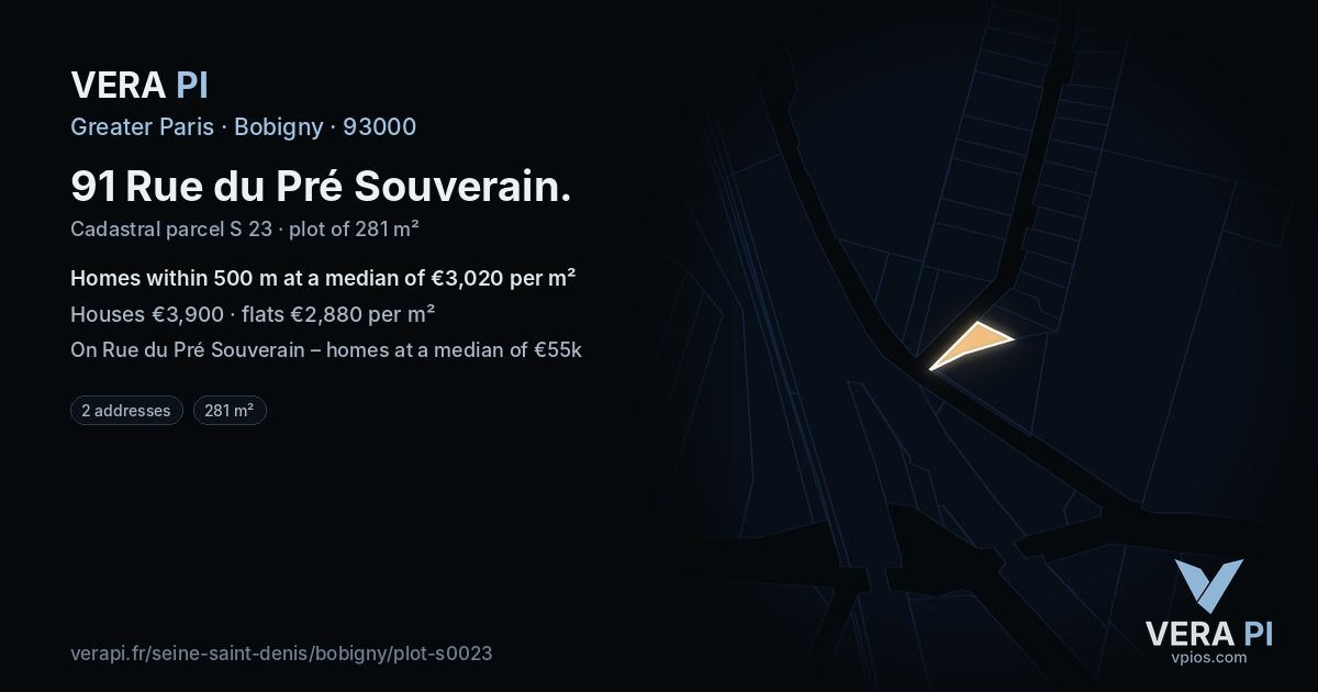 91 Rue du Pré Souverain, Bobigny at night – the plot lit, the parcels around coloured by the prices near them