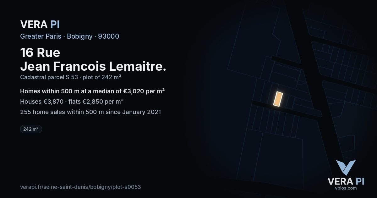16 Rue Jean Francois Lemaitre, Bobigny at night – the plot lit, the parcels around coloured by the prices near them