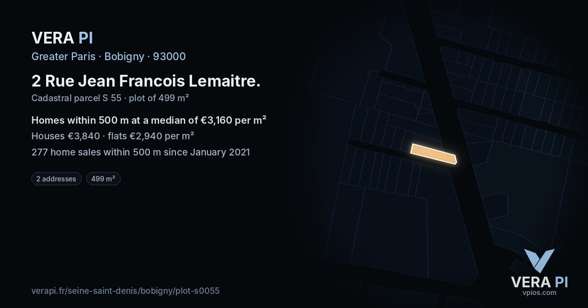 2 Rue Jean Francois Lemaitre, Bobigny at night – the plot lit, the parcels around coloured by the prices near them