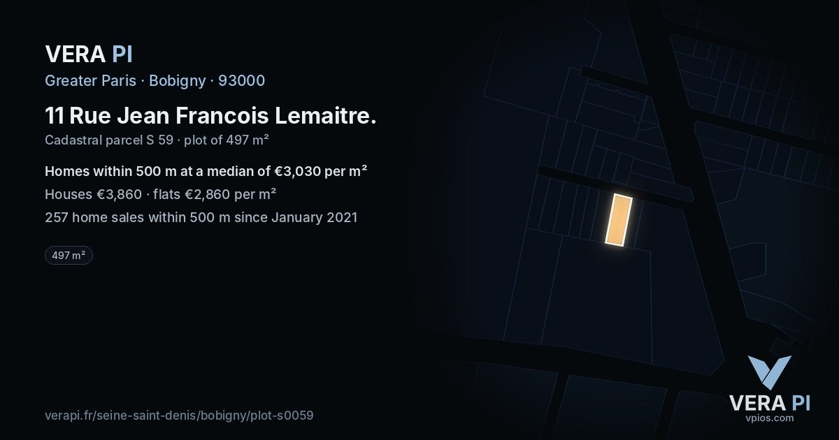 11 Rue Jean Francois Lemaitre, Bobigny at night – the plot lit, the parcels around coloured by the prices near them